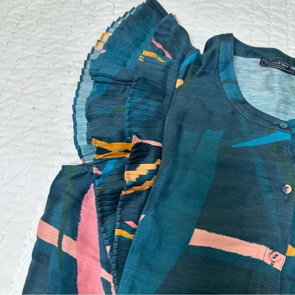 Vineyard Vines Linen Silk Blend Multicolor Ruffle Sleeve Blouse In Size S - Picture 8 of 11